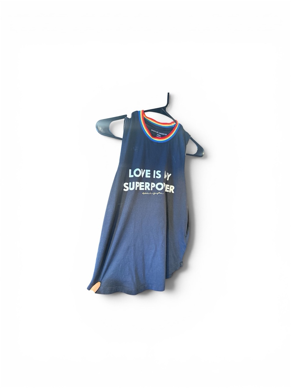 Spiritual Gangster Navy Tee with Rainbow Ribbed Collar